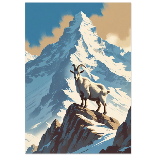 Bergsget på klippavsats framför snötäckt bergstopp – vintage illustration i blå toner