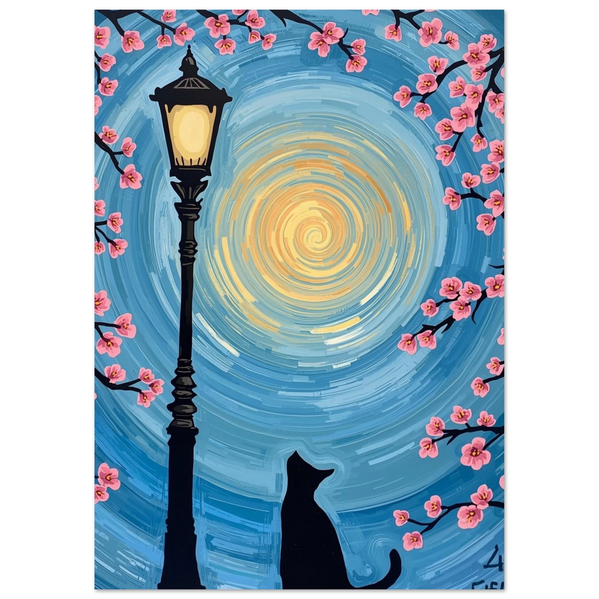 Konstnärlig kattposter med blå virvlande himmel och blommande grenar i naiv stil