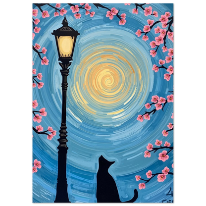 Konstnärlig kattposter med blå virvlande himmel och blommande grenar i naiv stil