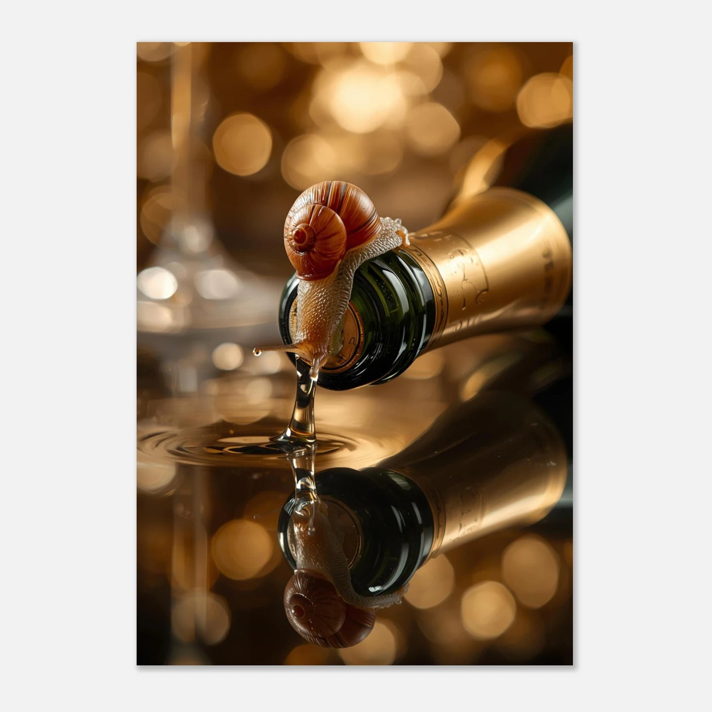 Elegant print med snigel och champagneflaska i lyxig guldton