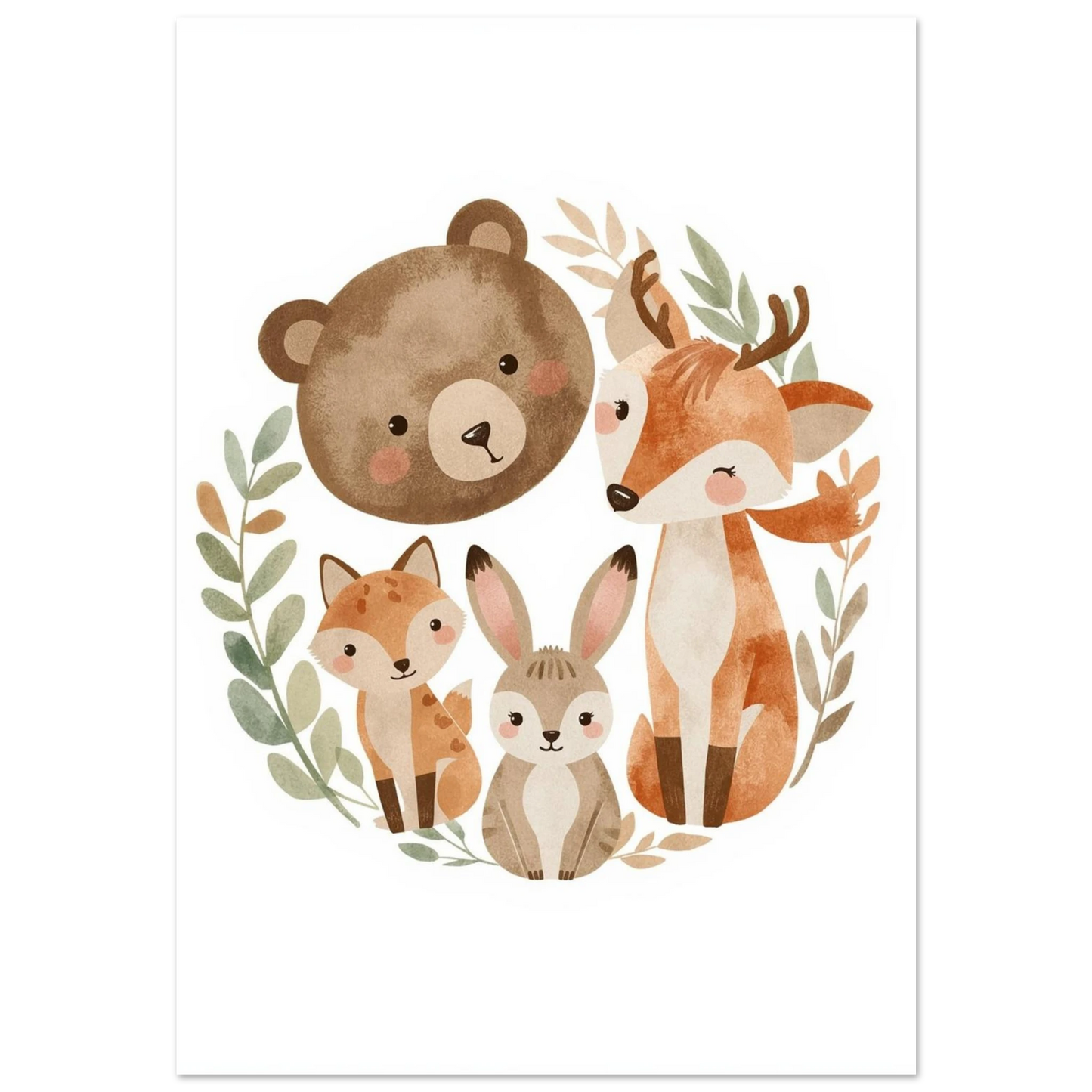 Illustration av björn, rådjur, räv och hare i akvarell – vit bakgrund