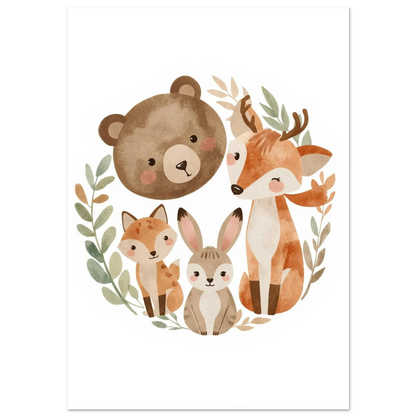 Illustration av björn, rådjur, räv och hare i akvarell – vit bakgrund