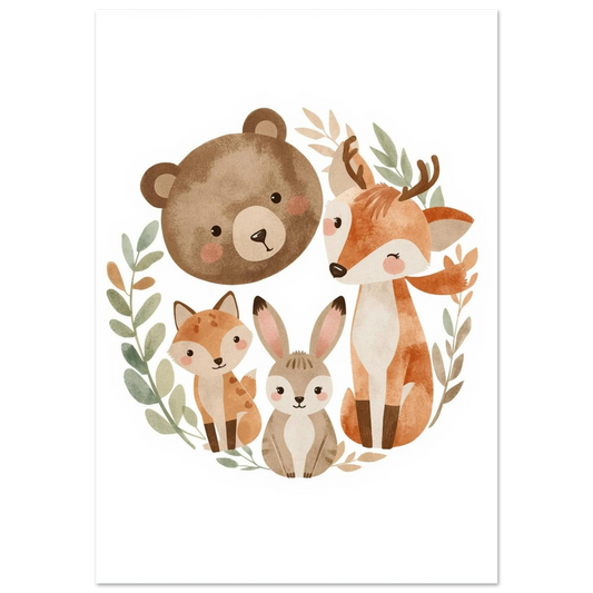 Illustration av björn, rådjur, räv och hare i akvarell – vit bakgrund