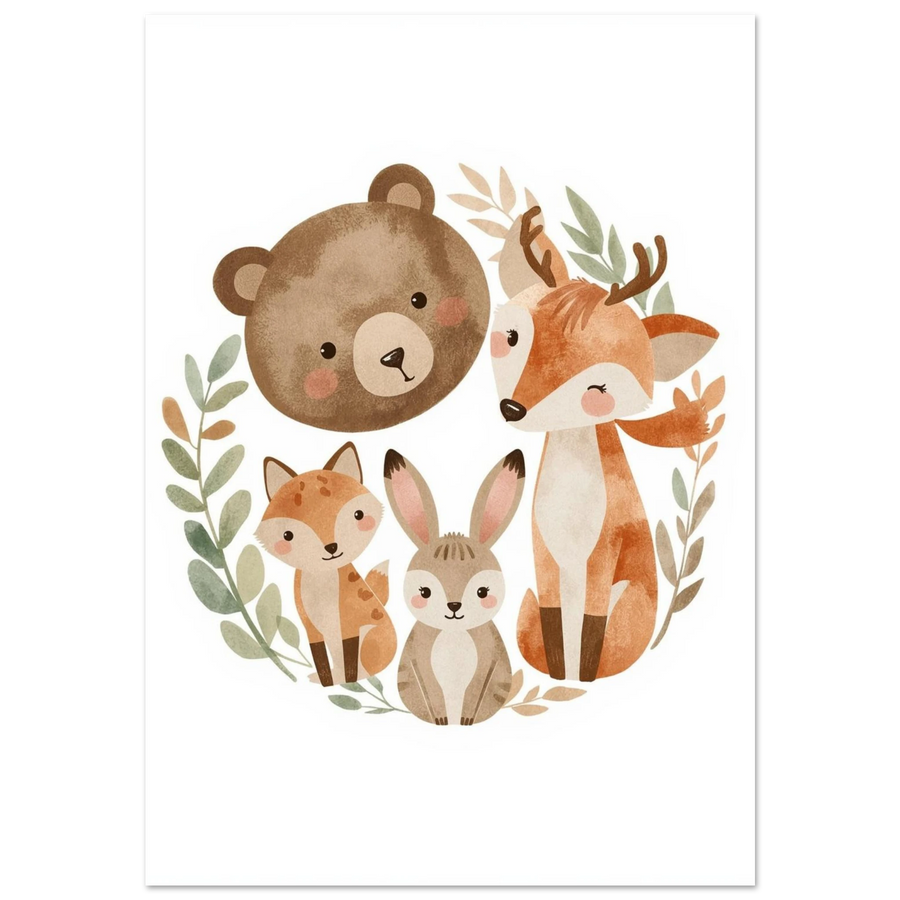 Illustration av björn, rådjur, räv och hare i akvarell – vit bakgrund