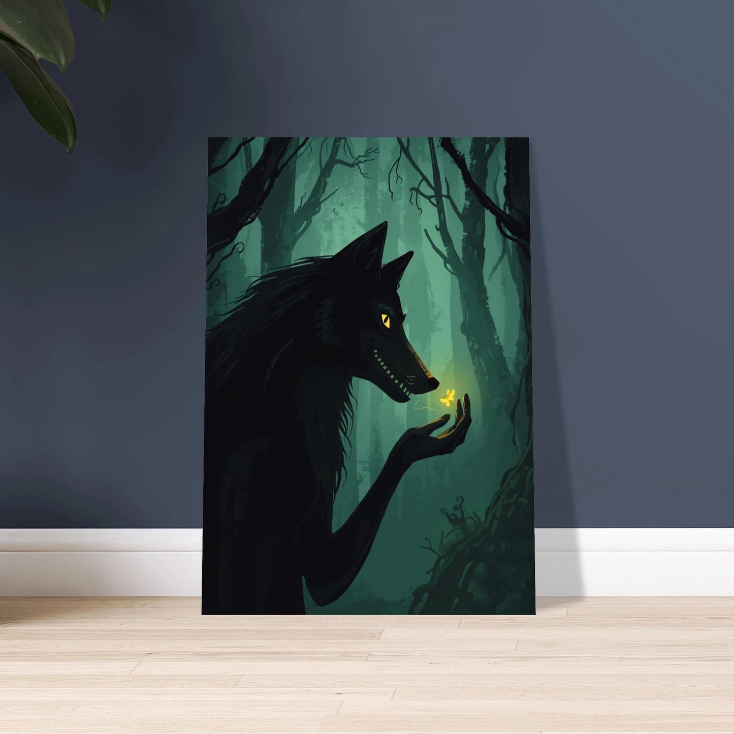 Varg i mörk skog med lysande fjäril, mystisk stämning