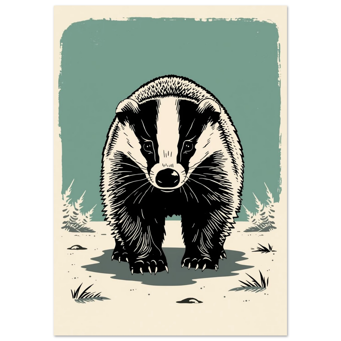 Konstnärlig illustration av en grävling i frontalt perspektiv med grafiska detaljer