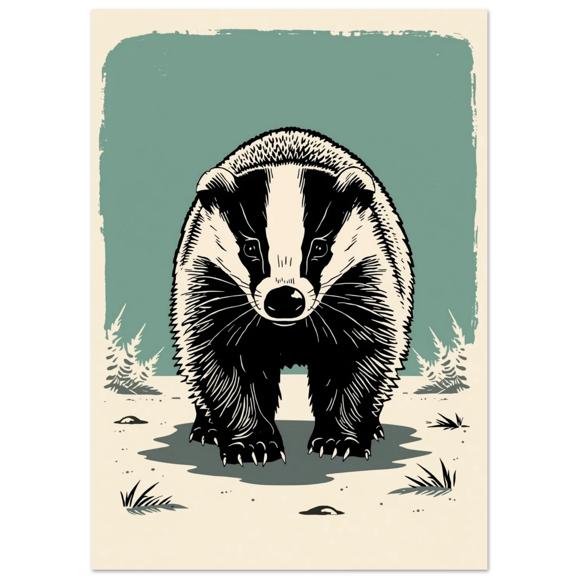 Konstnärlig illustration av en grävling i frontalt perspektiv med grafiska detaljer