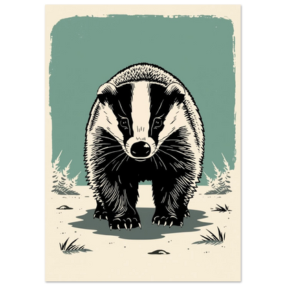 Konstnärlig illustration av en grävling i frontalt perspektiv med grafiska detaljer