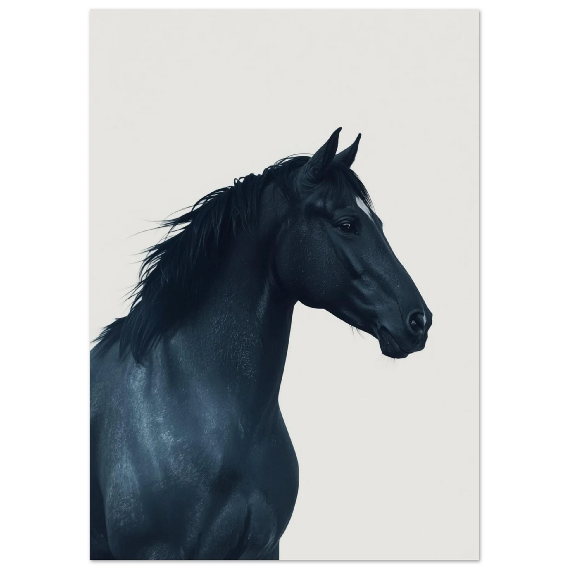 Stolt hästsilhuett i mörkblå toner på ljus canvas – minimalistiskt djurmotiv
