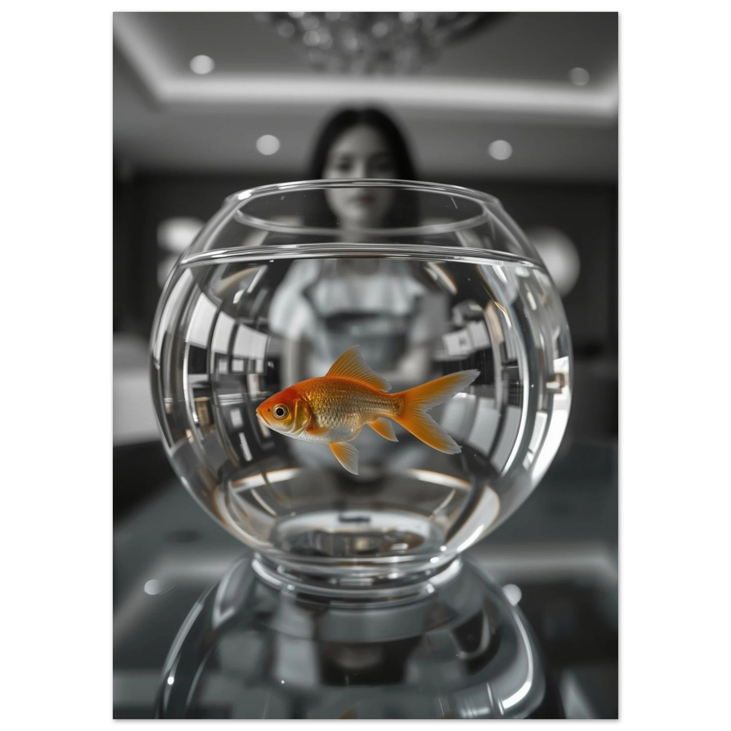 Närbild på en simmande guldfisk i en transparent vattenfylld skål