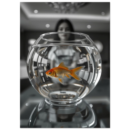 Närbild på en simmande guldfisk i en transparent vattenfylld skål