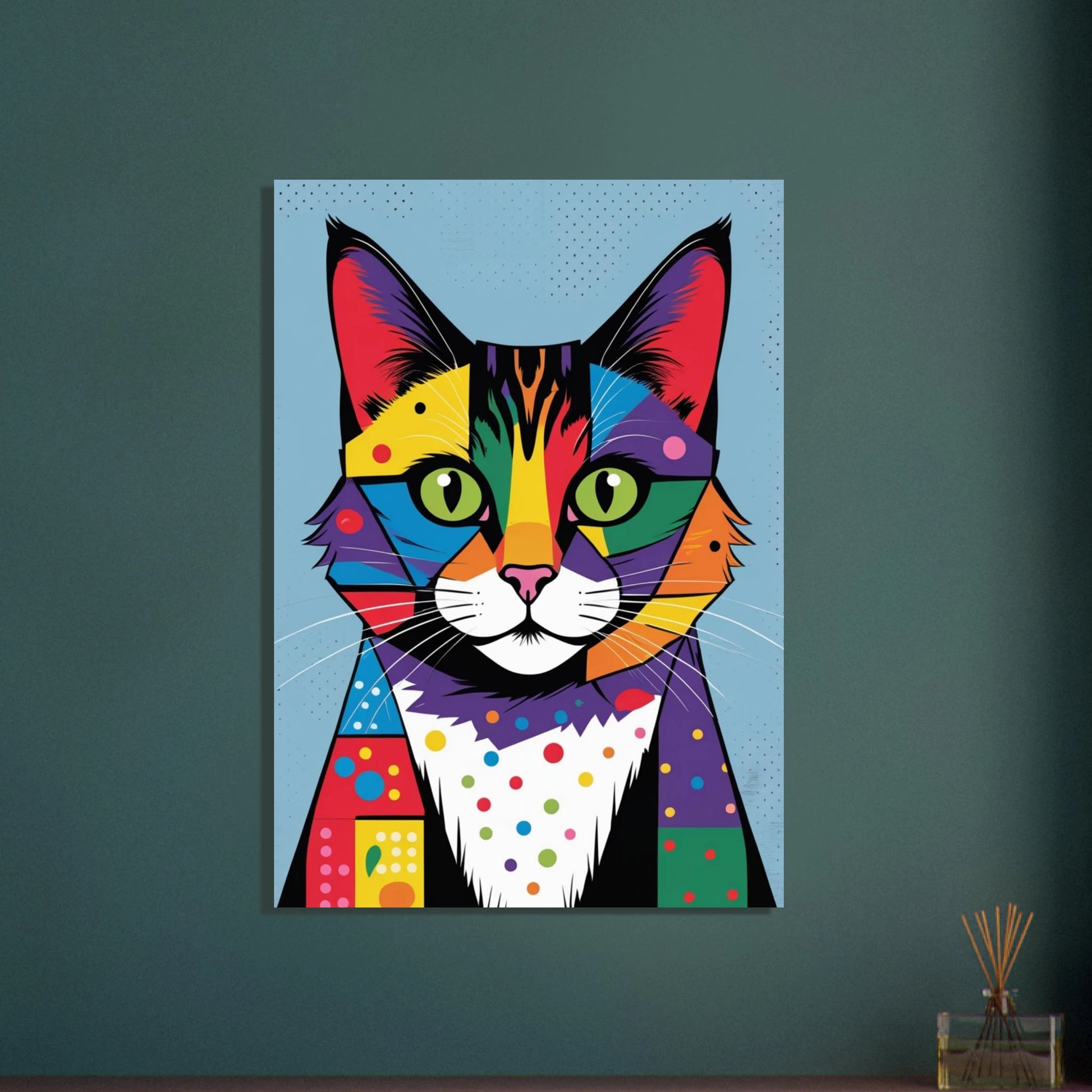 Färgstark katt i popart-stil, geometriska mönster, livfullt djurmotiv