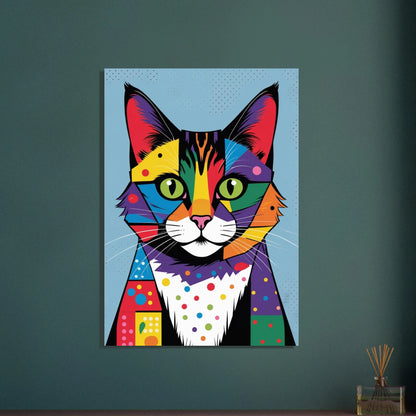 Färgstark katt i popart-stil, geometriska mönster, livfullt djurmotiv