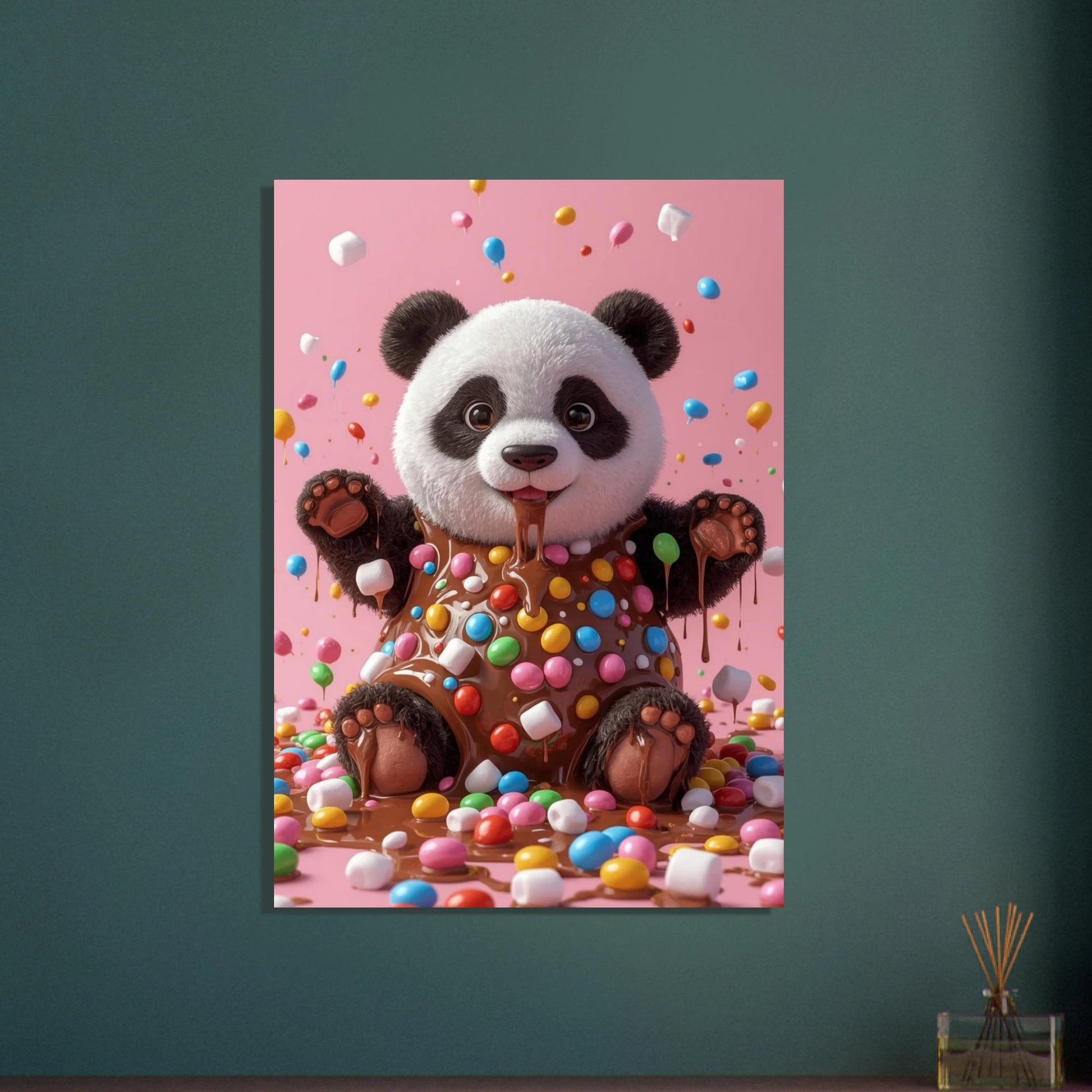 Söt panda täckt av choklad och färgglatt godis, lekfull stämning