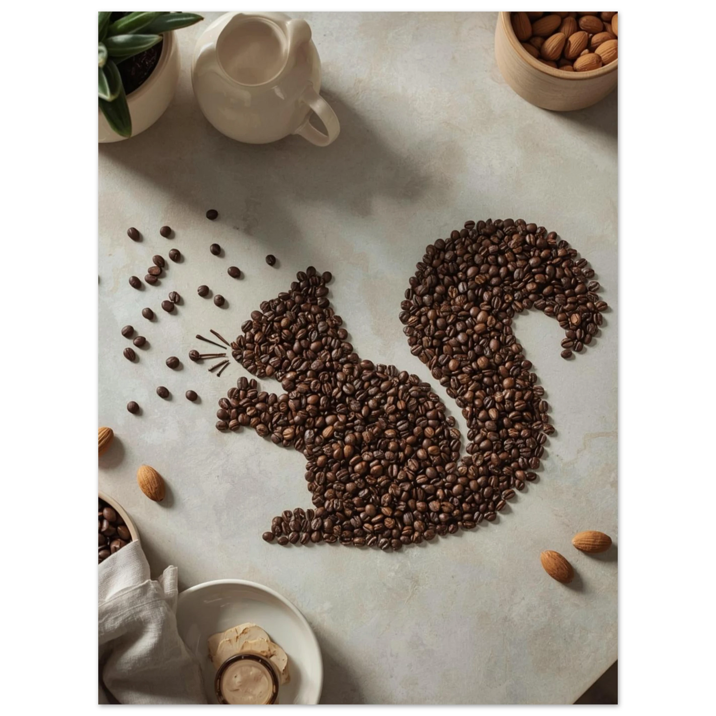 Konstnärligt print med kaffeekorre i stillebenmiljö, mörkbrun träram
