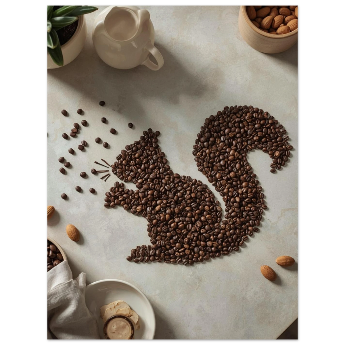Konstnärligt print med kaffeekorre i stillebenmiljö, mörkbrun träram