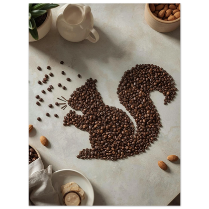 Konstnärligt print med kaffeekorre i stillebenmiljö, mörkbrun träram