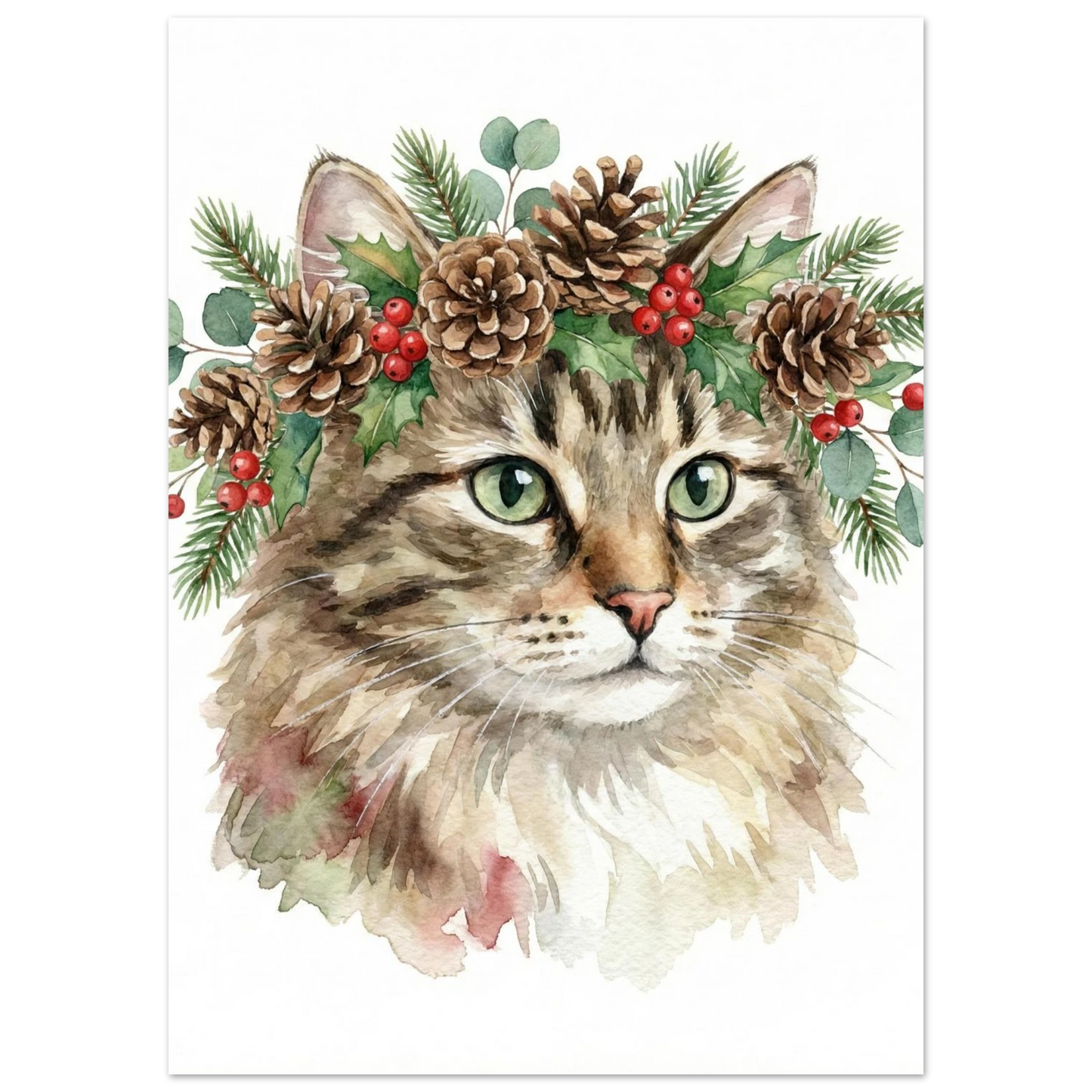 Närbild på katt i blomsterkrans med röda bär, konstnärligt djurmotiv