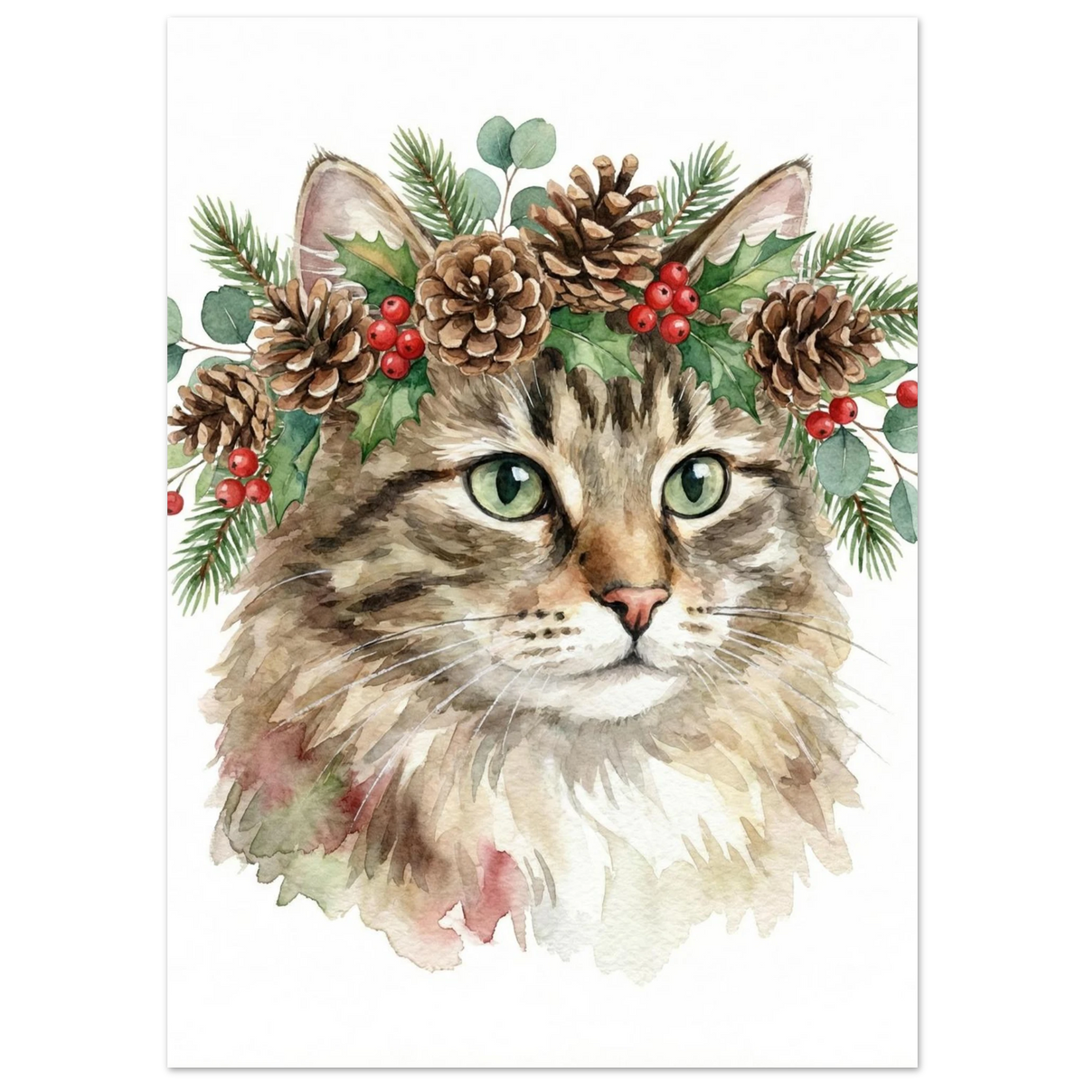 Närbild på katt i blomsterkrans med röda bär, konstnärligt djurmotiv