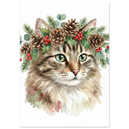 Närbild på katt i blomsterkrans med röda bär, konstnärligt djurmotiv