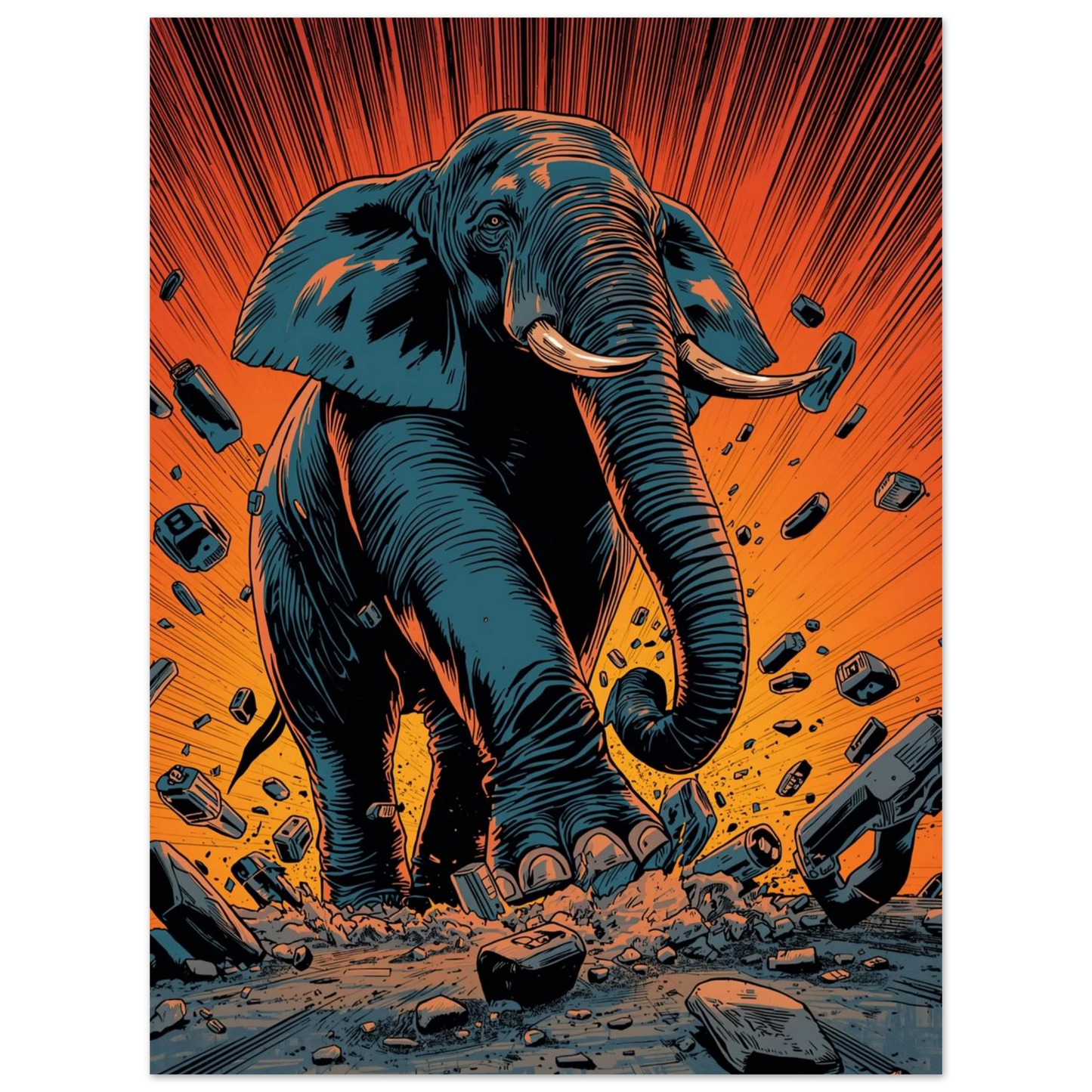Dramatiskt djurmotiv med en elefant som krossar marken, modern illustration