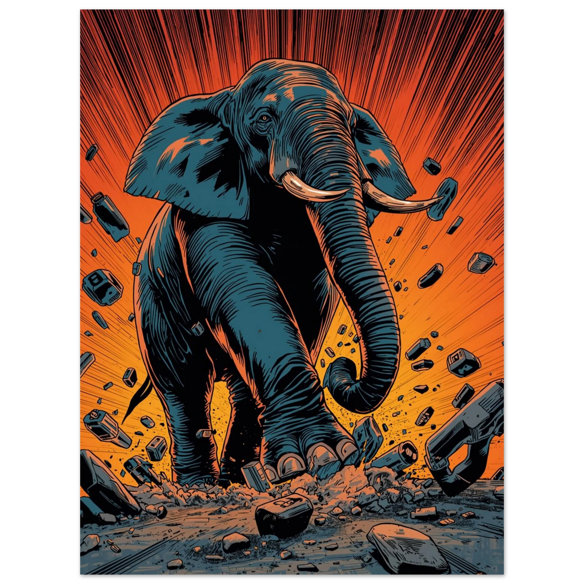 Dramatiskt djurmotiv med en elefant som krossar marken, modern illustration
