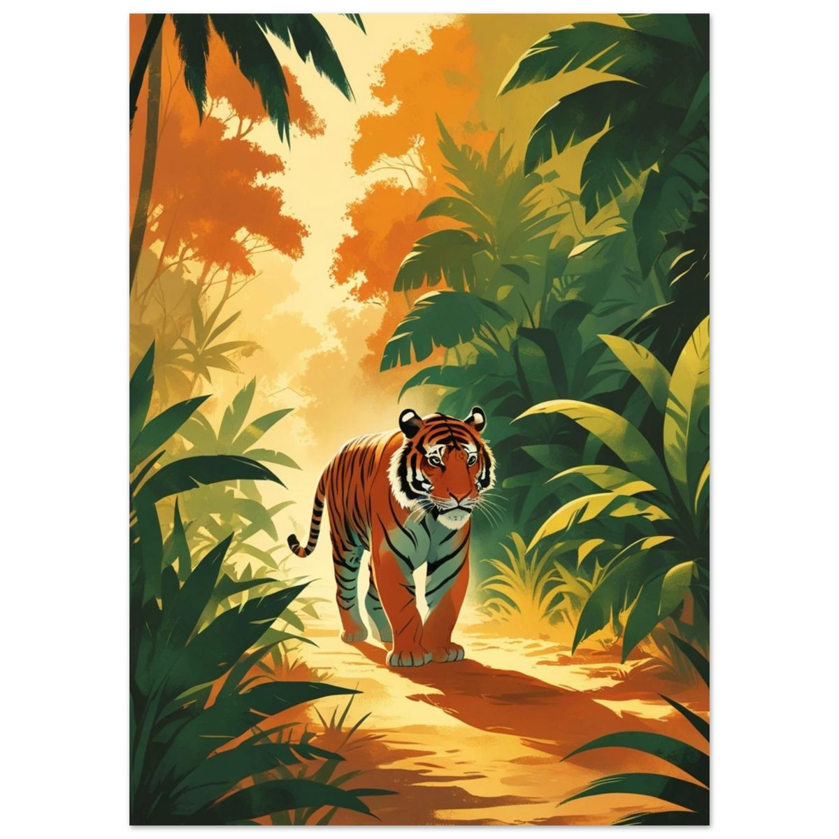 Orange tiger omgiven av gröna palmer i retro illustration – väggkonst