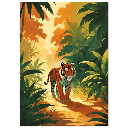 Orange tiger omgiven av gröna palmer i retro illustration – väggkonst
