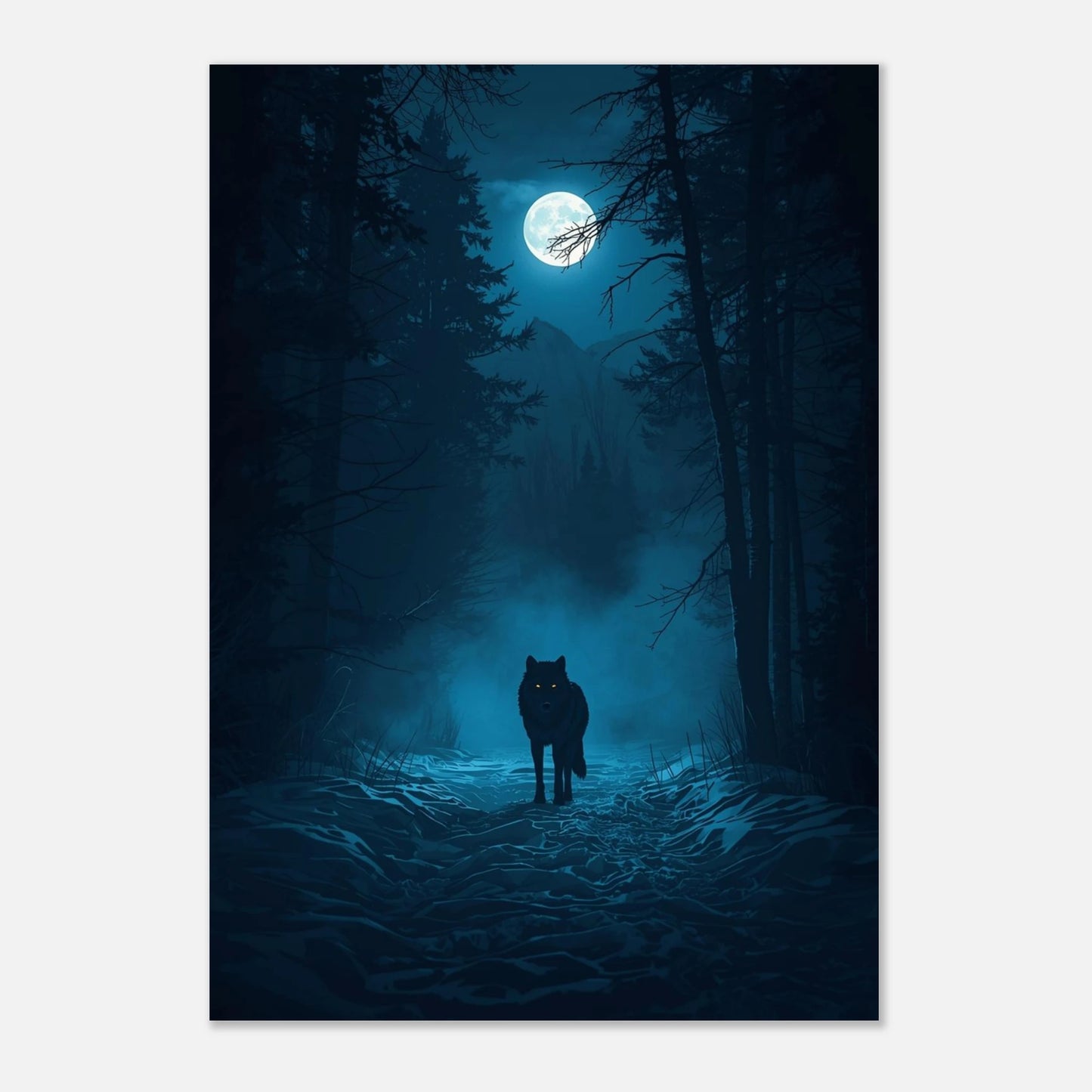 Dramatisk illustration av varg i månbelyst skog med hög kontrast