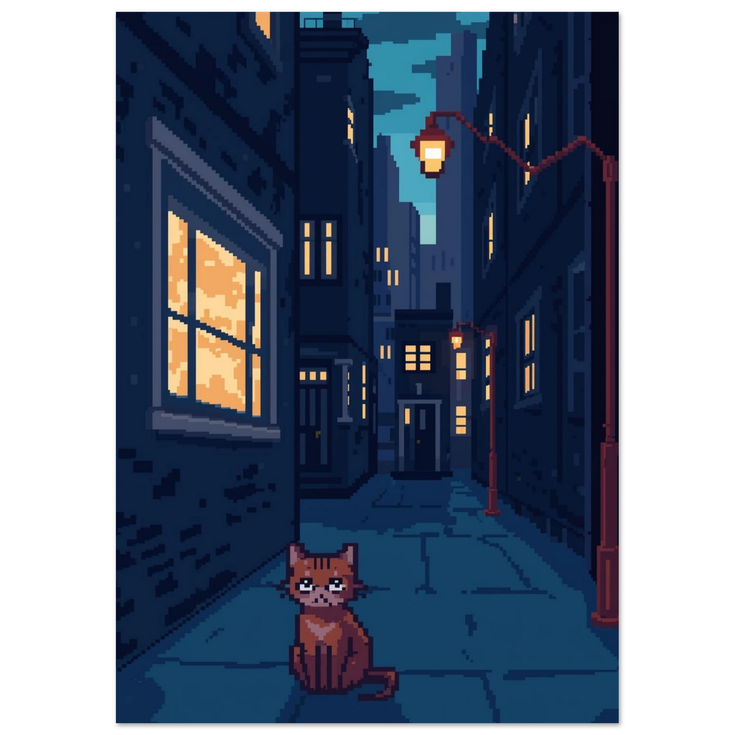 Digital illustration av katt i mörk gränd med svart ram