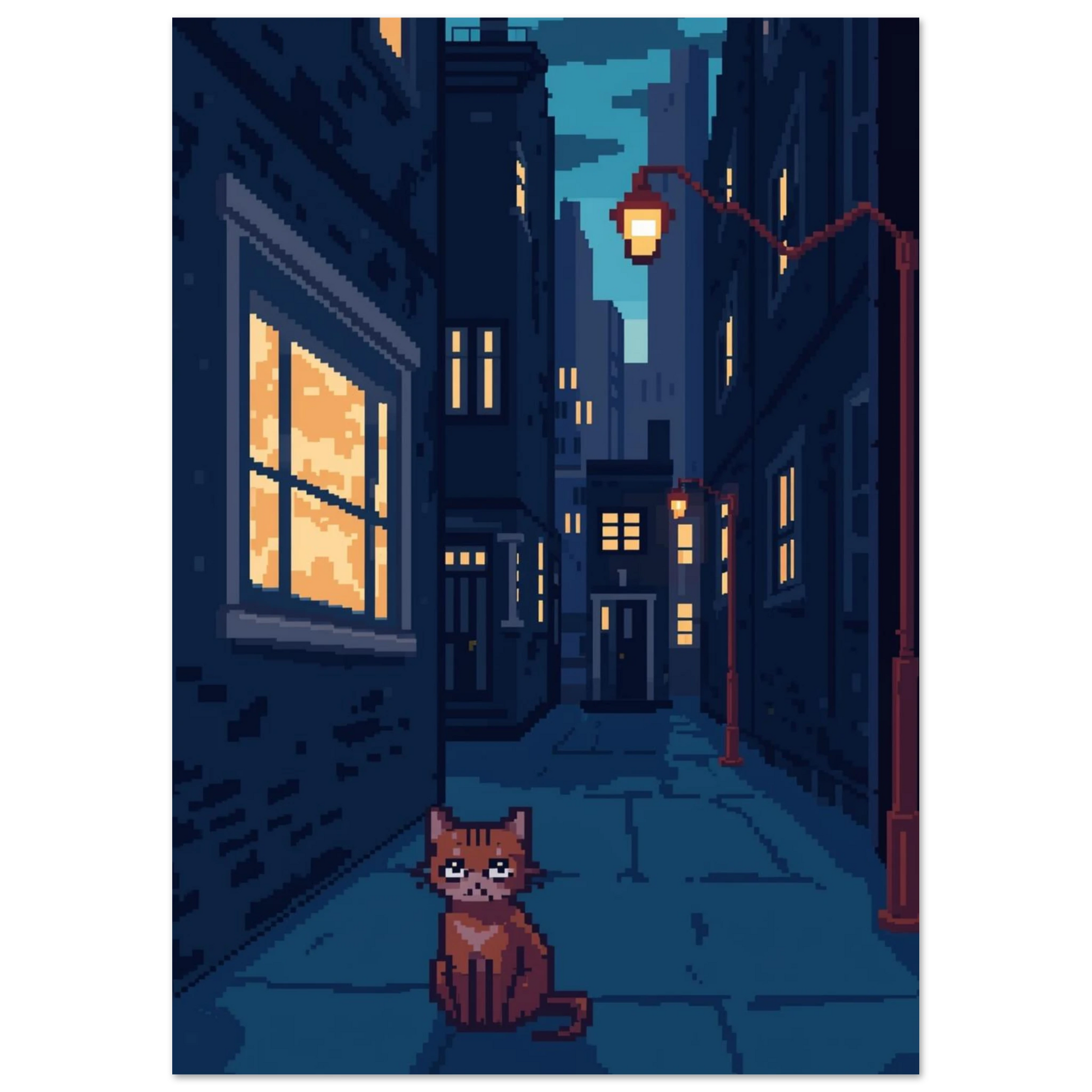 Digital illustration av katt i mörk gränd med svart ram