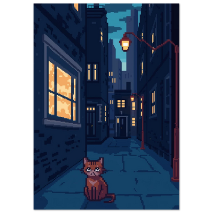 Digital illustration av katt i mörk gränd med svart ram