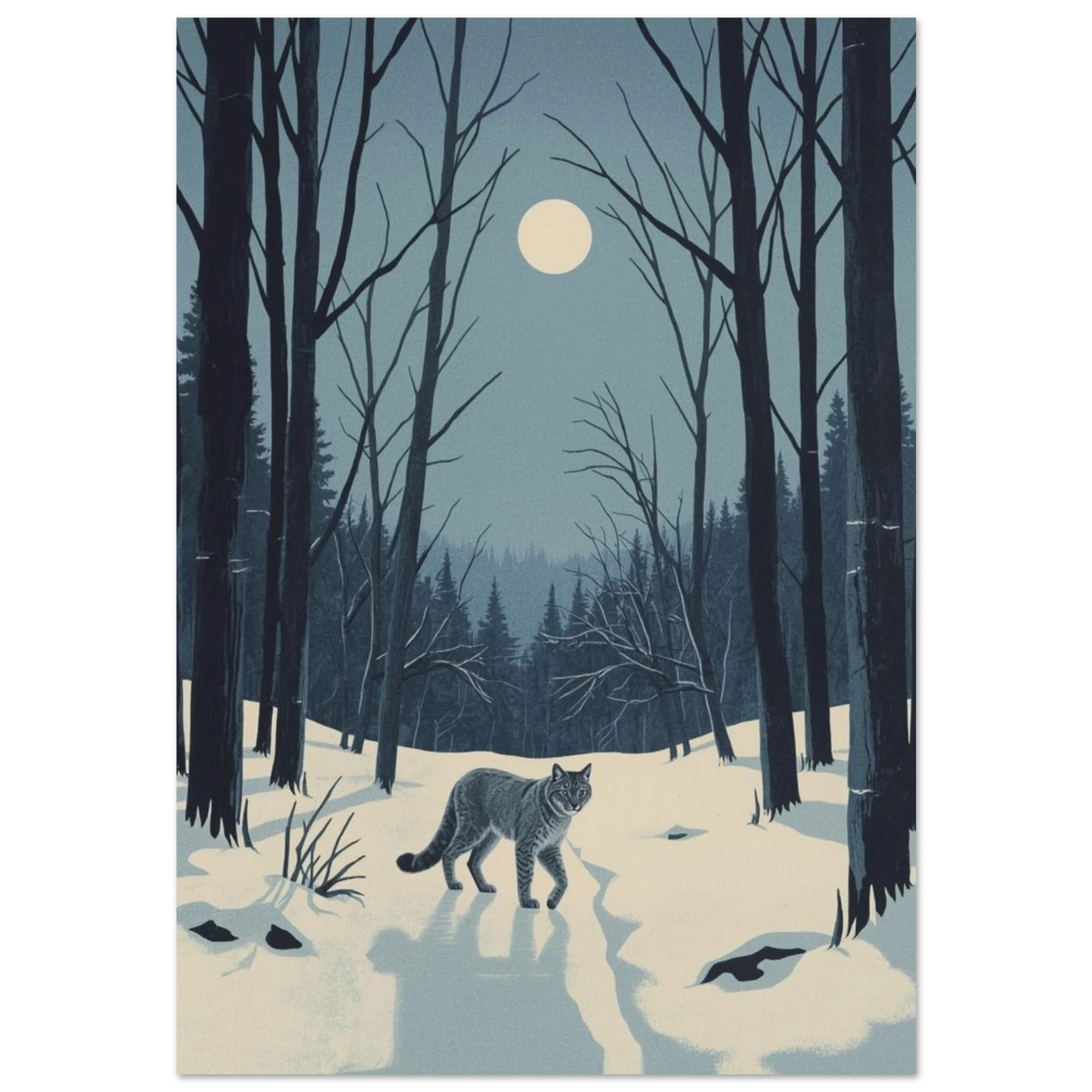 Lodjur som vandrar genom snöig skog i månsken – grafisk djurposter