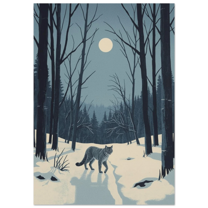 Lodjur som vandrar genom snöig skog i månsken – grafisk djurposter
