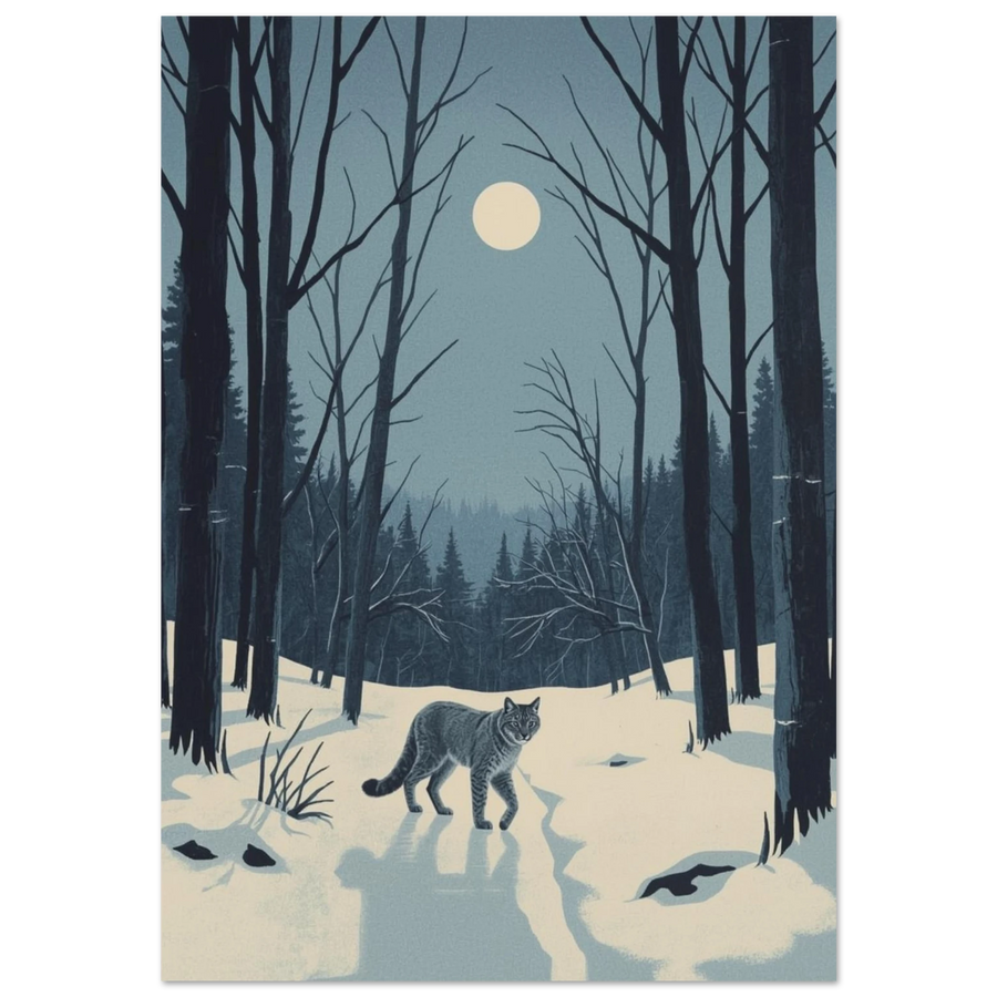 Lodjur som vandrar genom snöig skog i månsken – grafisk djurposter