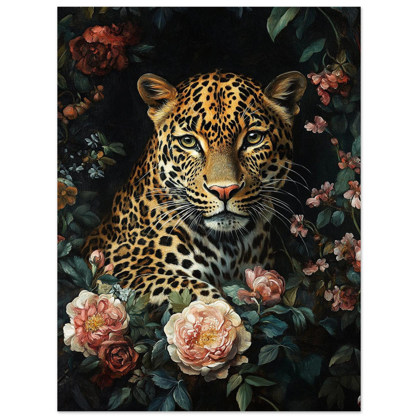 Detaljrik illustration av leopard med mjuka rosor i vintage-stil