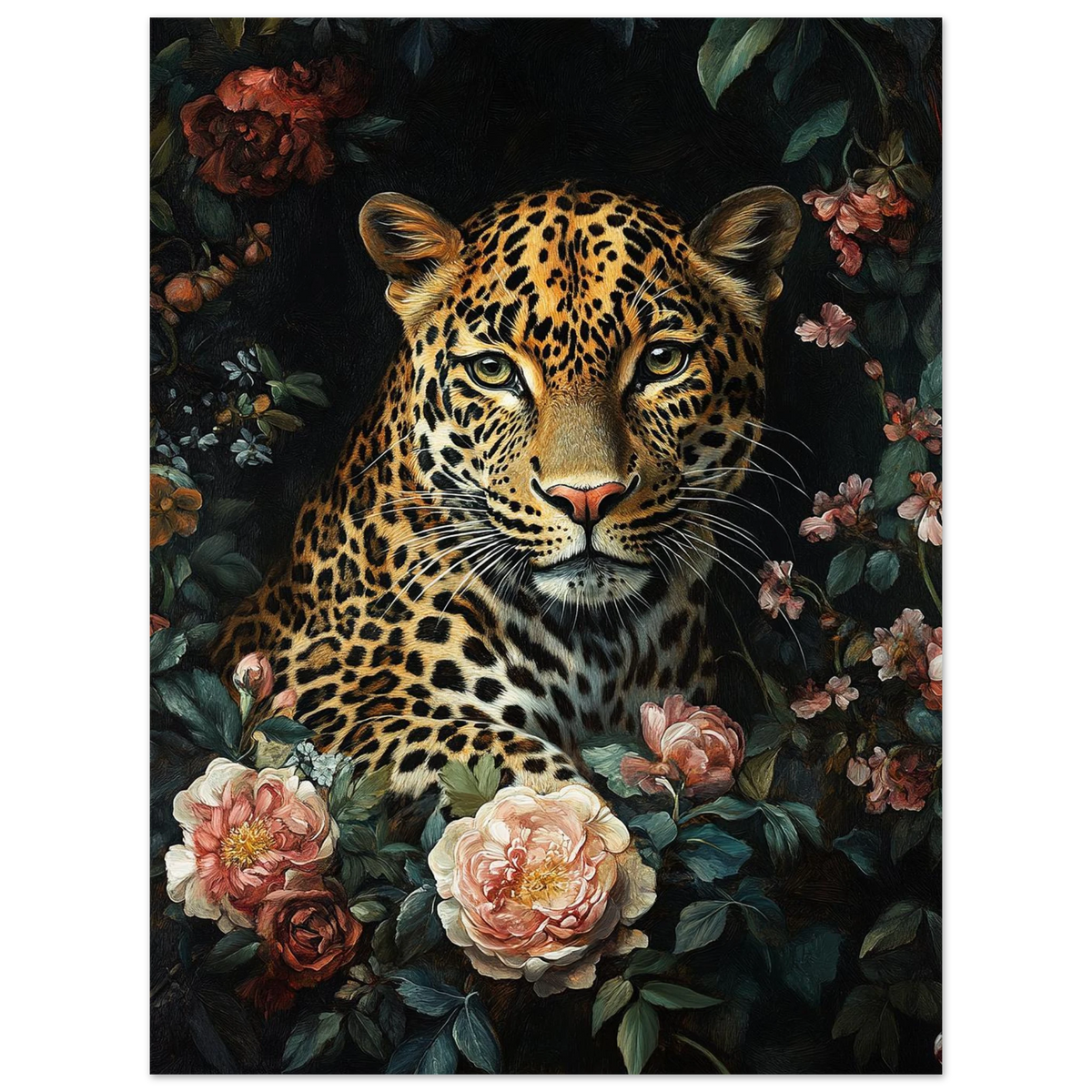 Detaljrik illustration av leopard med mjuka rosor i vintage-stil