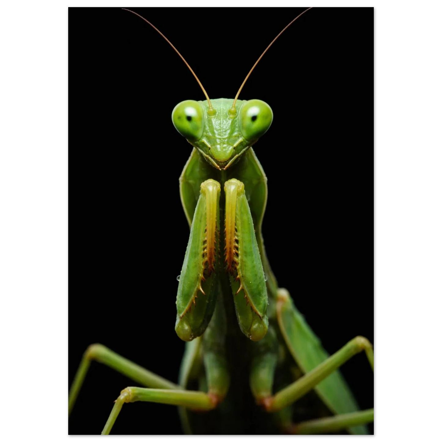 Frontal vy av en grön bönsyrsa med stora ögon och hopfällda framben – Fotorealistisk poster