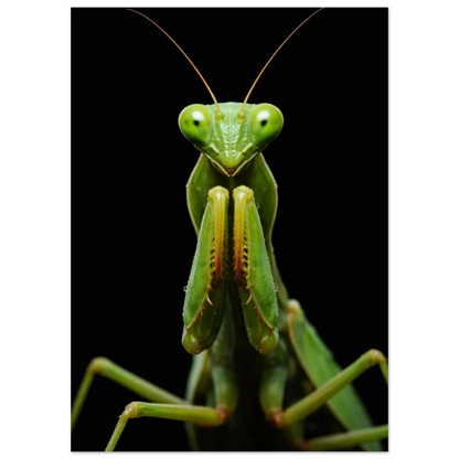 Frontal vy av en grön bönsyrsa med stora ögon och hopfällda framben – Fotorealistisk poster