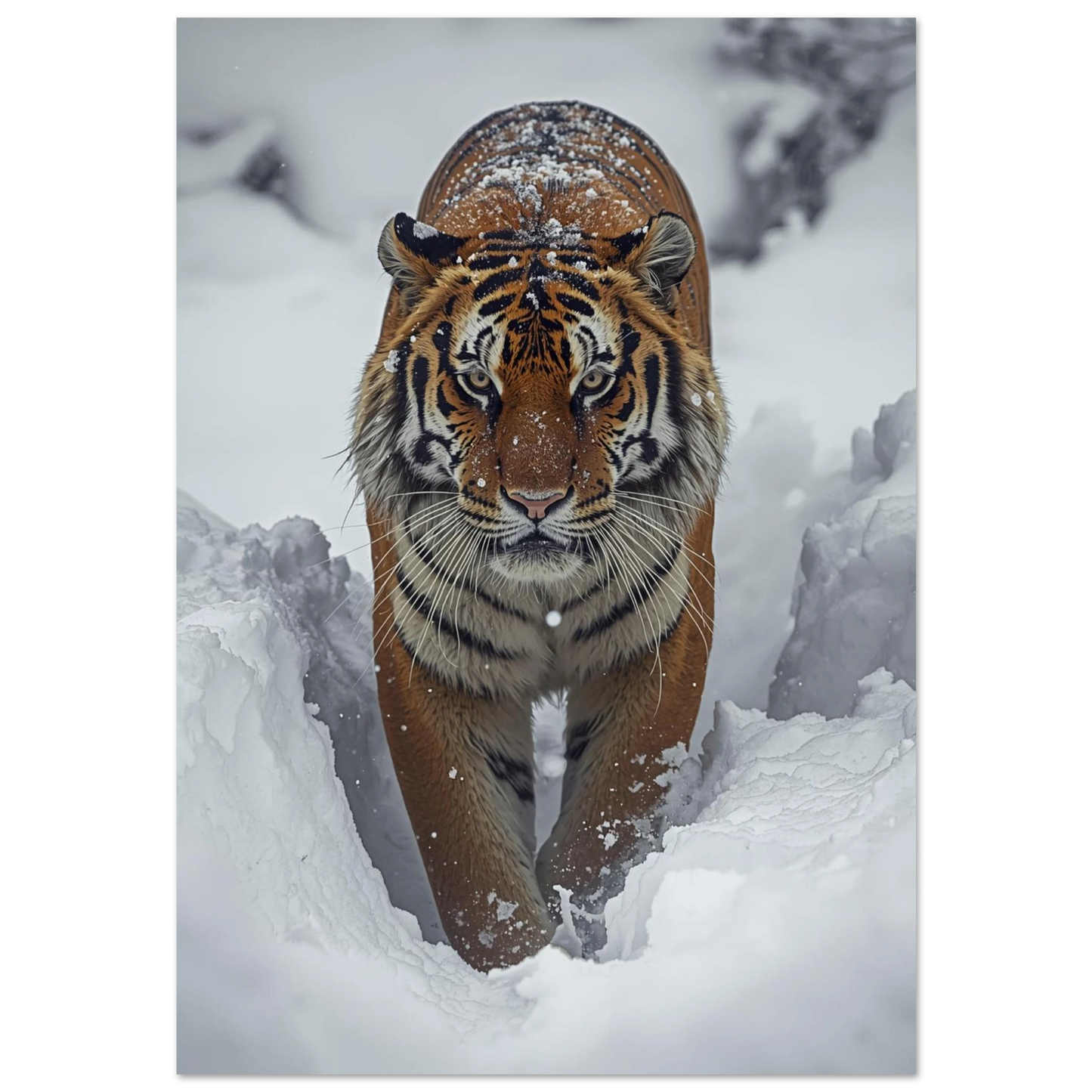 Sibirisk tiger vandrar genom djup vit snö – fotorealistisk djurposter