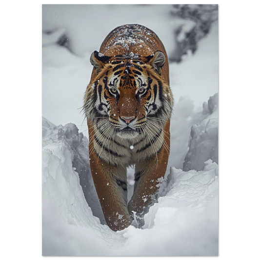 Sibirisk tiger vandrar genom djup vit snö – fotorealistisk djurposter