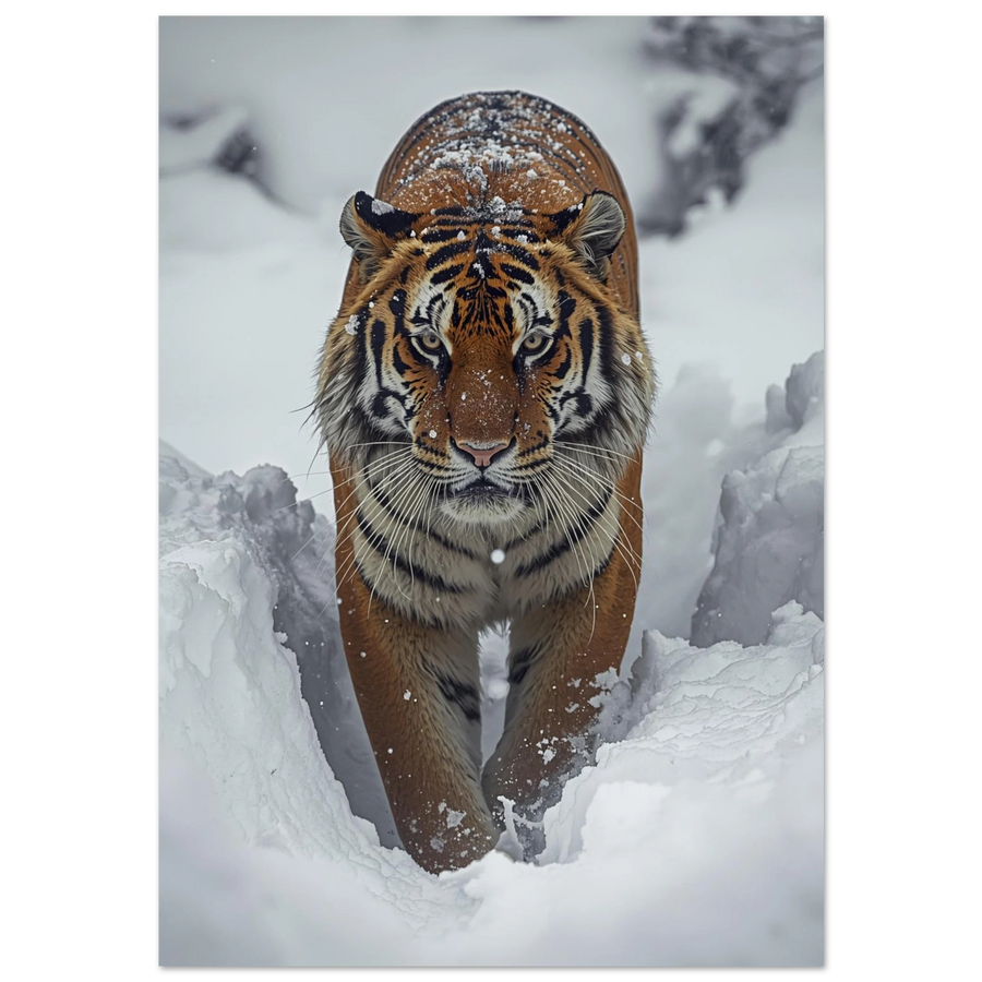 Sibirisk tiger vandrar genom djup vit snö – fotorealistisk djurposter