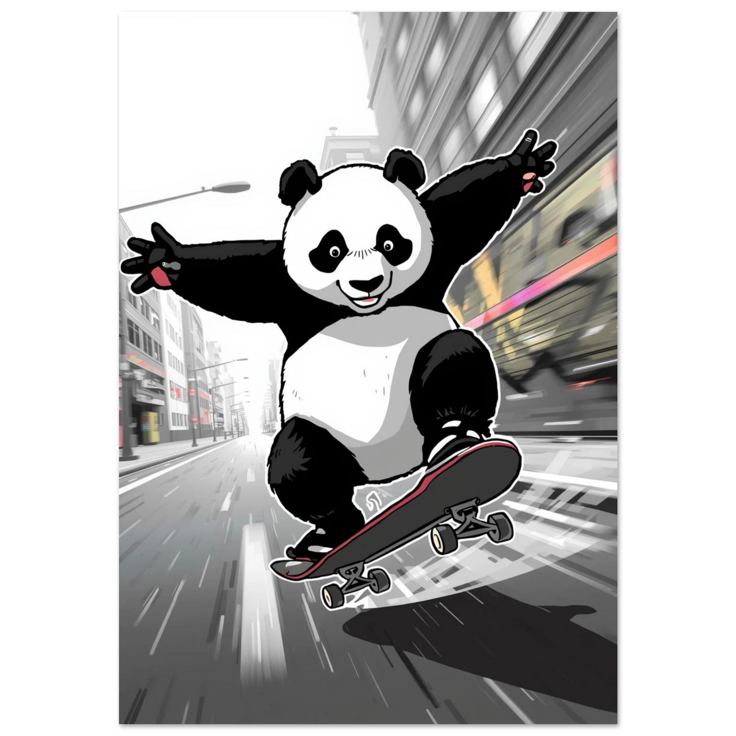 Panda på skateboard i svartvit stadsmiljö – fartfylld digital djurposter