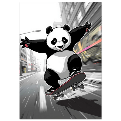 Panda på skateboard i svartvit stadsmiljö – fartfylld digital djurposter