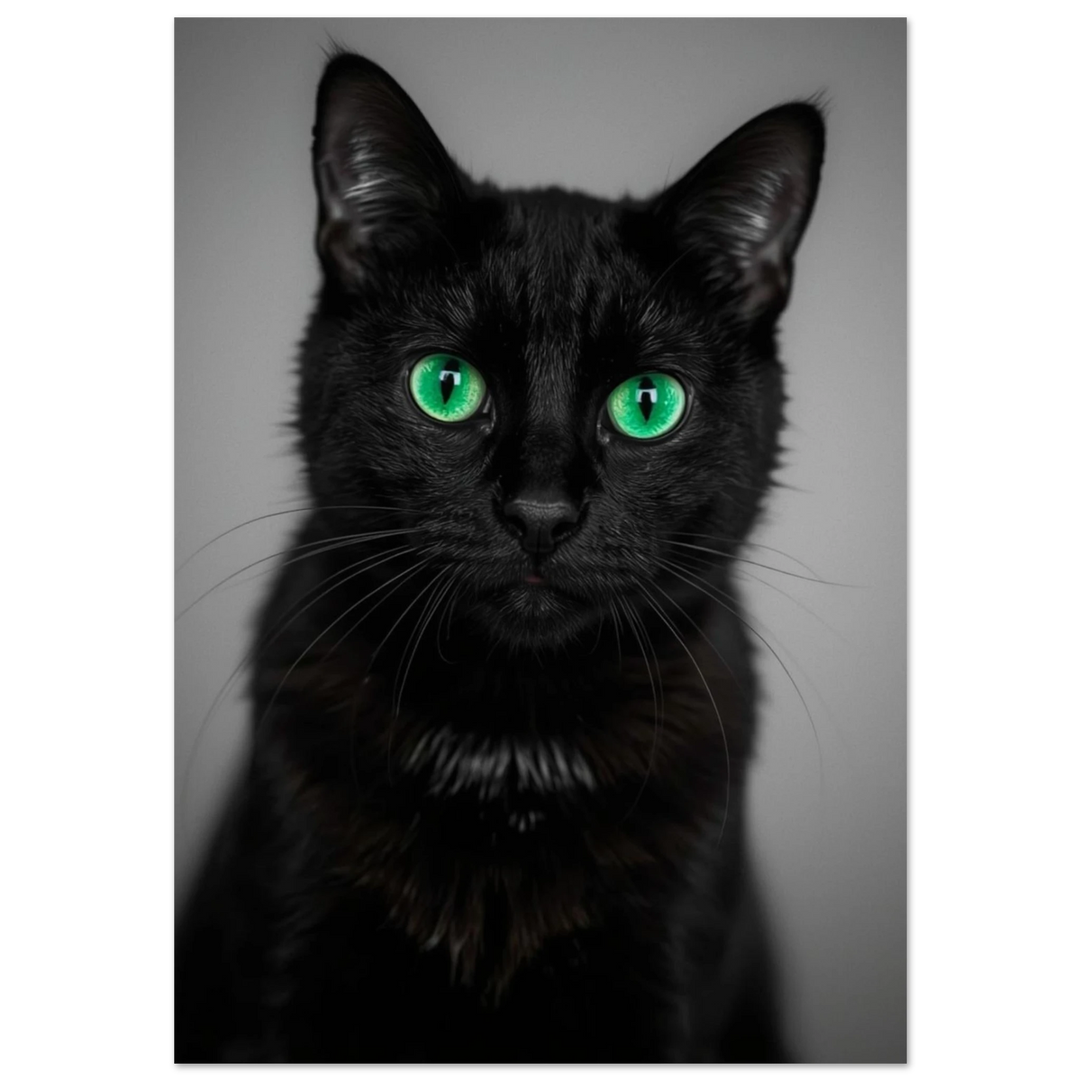 Närbild på svart katt med intensiva gröna ögon – Fotorealistisk poster