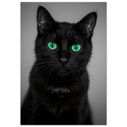 Närbild på svart katt med intensiva gröna ögon – Fotorealistisk poster