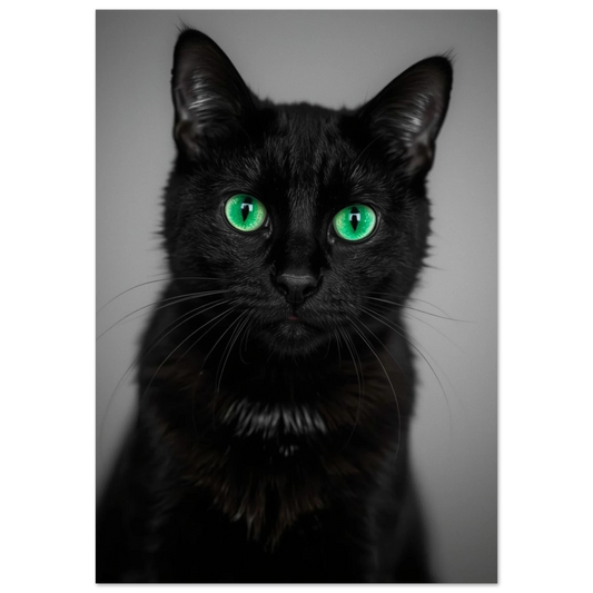 Närbild på svart katt med intensiva gröna ögon – Fotorealistisk poster