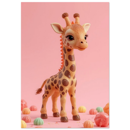 Söt giraff av karamell i rosa godislandskap – digital 3D-illustration