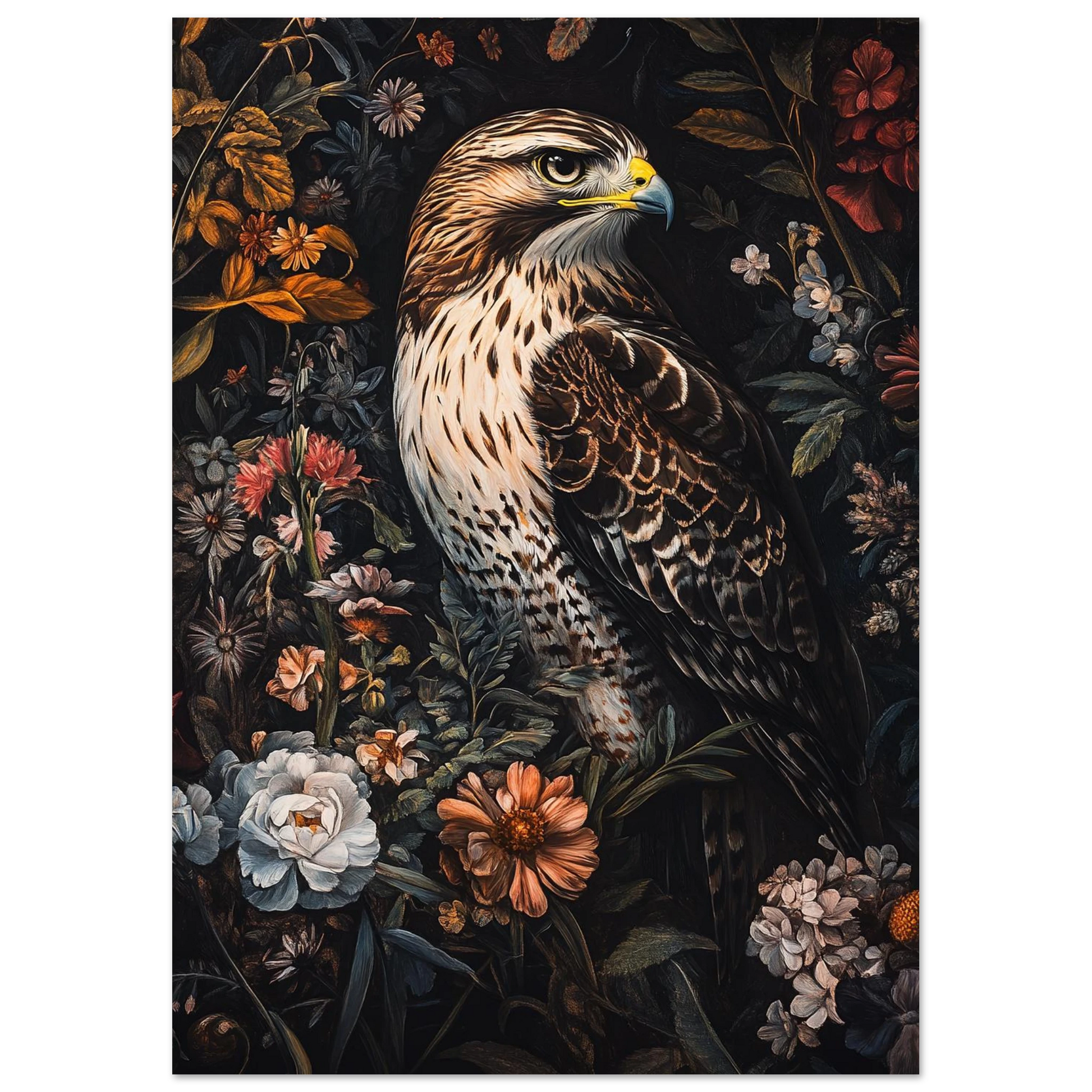 Närbild på falk med skarp blick bland höstblommor – naturposter