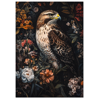 Närbild på falk med skarp blick bland höstblommor – naturposter